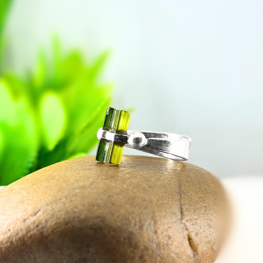 Raw Green Tourmaline Bar Sterling Silver Ring | Handmade Gemstone Stacking Ring | Minimalist Modern Jewelry