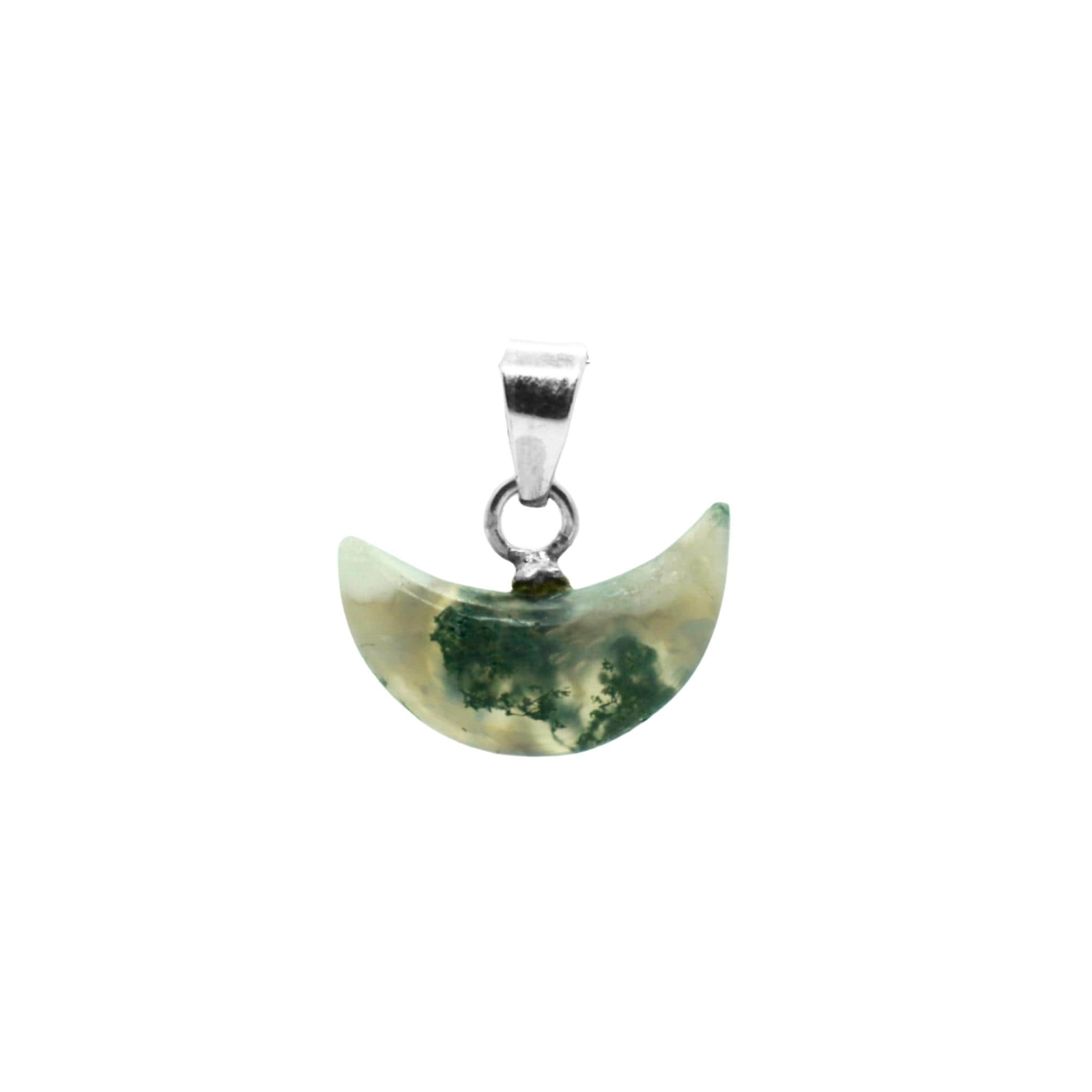 Moss Agate Crescent Moon Pendant: Sterling Silver Boho Necklace