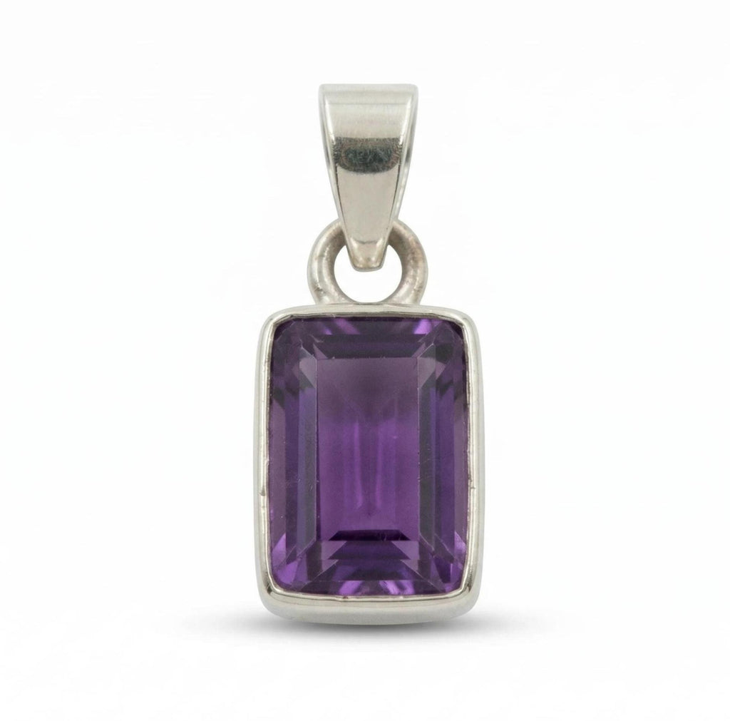 Emerald Cut Amethyst Pendant – Deep Purple Sterling Silver Minimalist Gemstone Jewelry