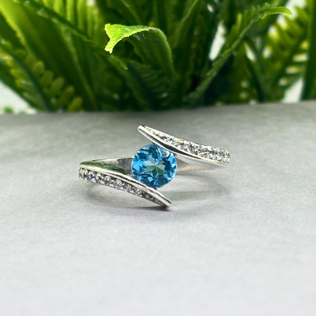Natural Blue Topaz & CZ Ring | 925 Sterling Silver | Gemstone Band | Handmade Jaipur