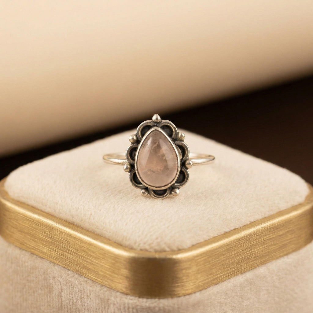 Rose Quartz Pear Ring: Handmade Sterling Silver Boho Jewelry
