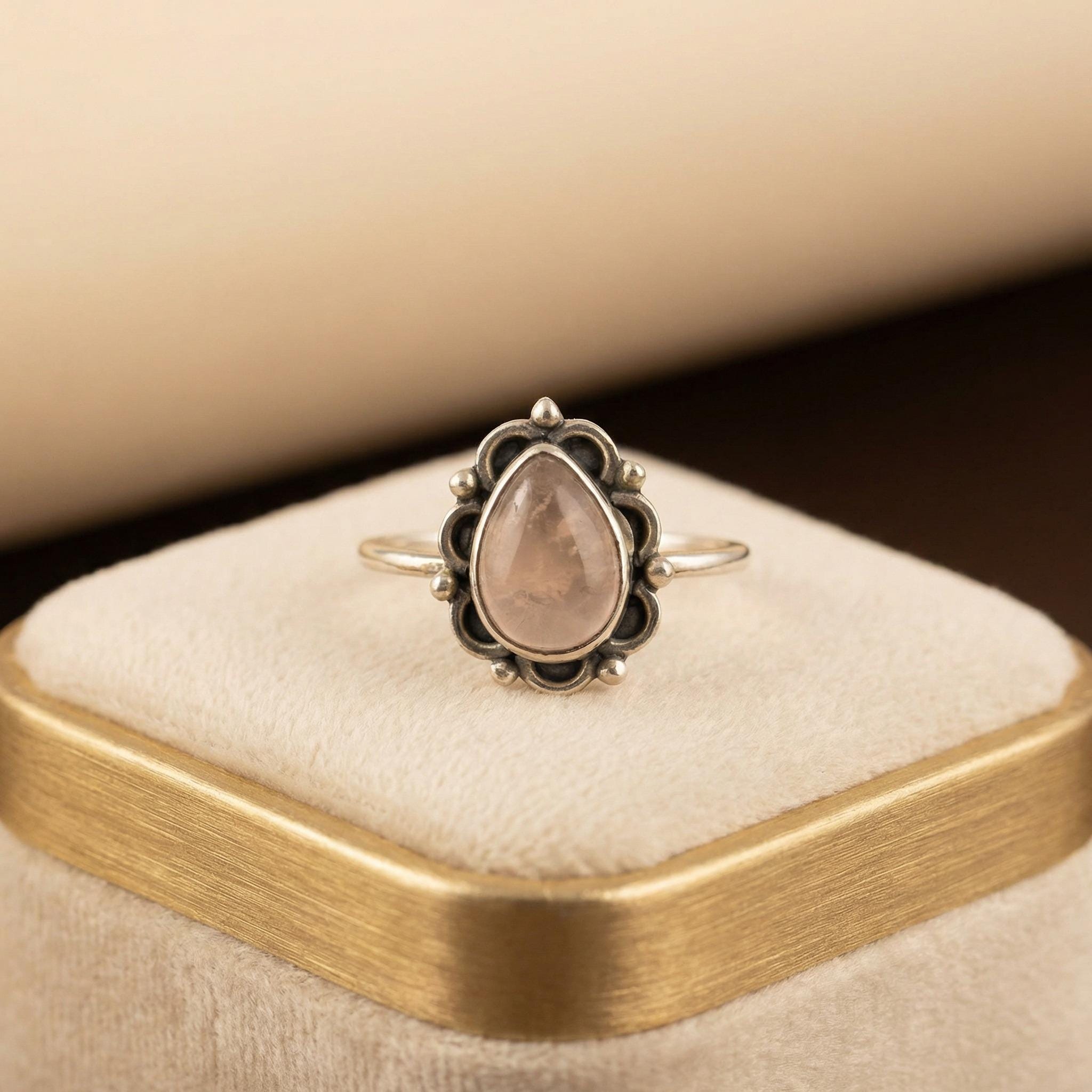 Rose Quartz Pear Ring: Handmade Sterling Silver Boho Jewelry