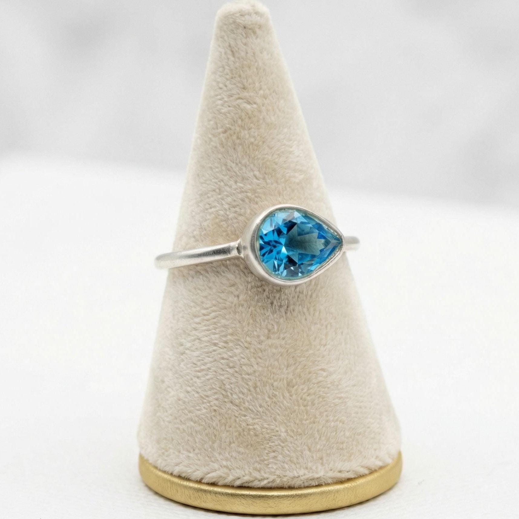 Blue Topaz Pear Ring – 925 Sterling Silver, Faceted Gemstone Solitaire, Handmade December Birthstone Gift