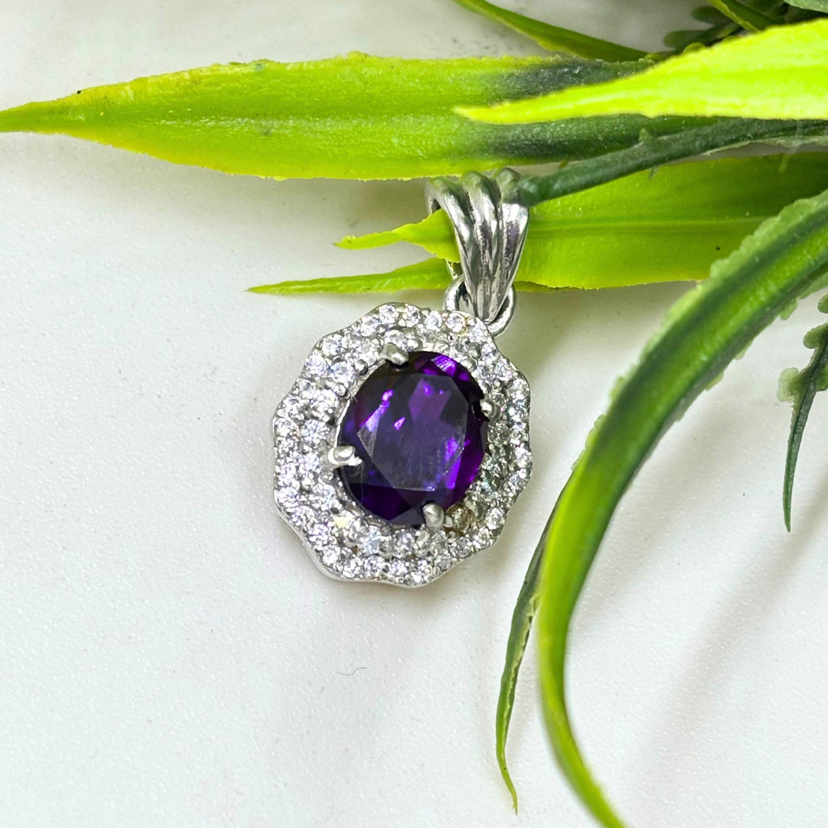 Amethyst CZ Double Halo Pendant in 925 Sterling Silver – Luxe Oval Purple Gemstone Necklace, Sparkling February Birthstone Jewelry