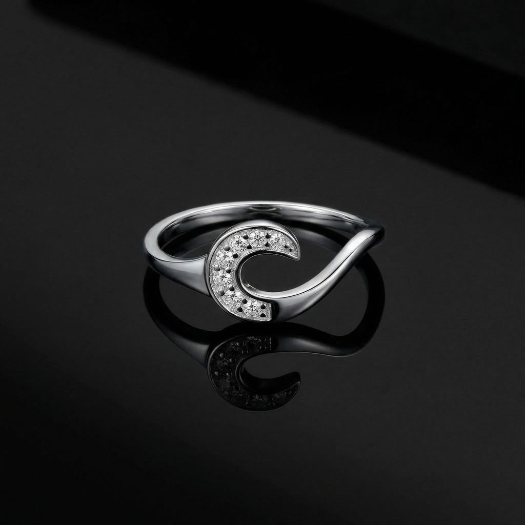 Sterling Silver Crescent Moon Ring • Sparkling CZ Celestial Wave Jewelry
