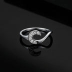 Sterling Silver Crescent Moon Ring • Sparkling CZ Celestial Wave Jewelry