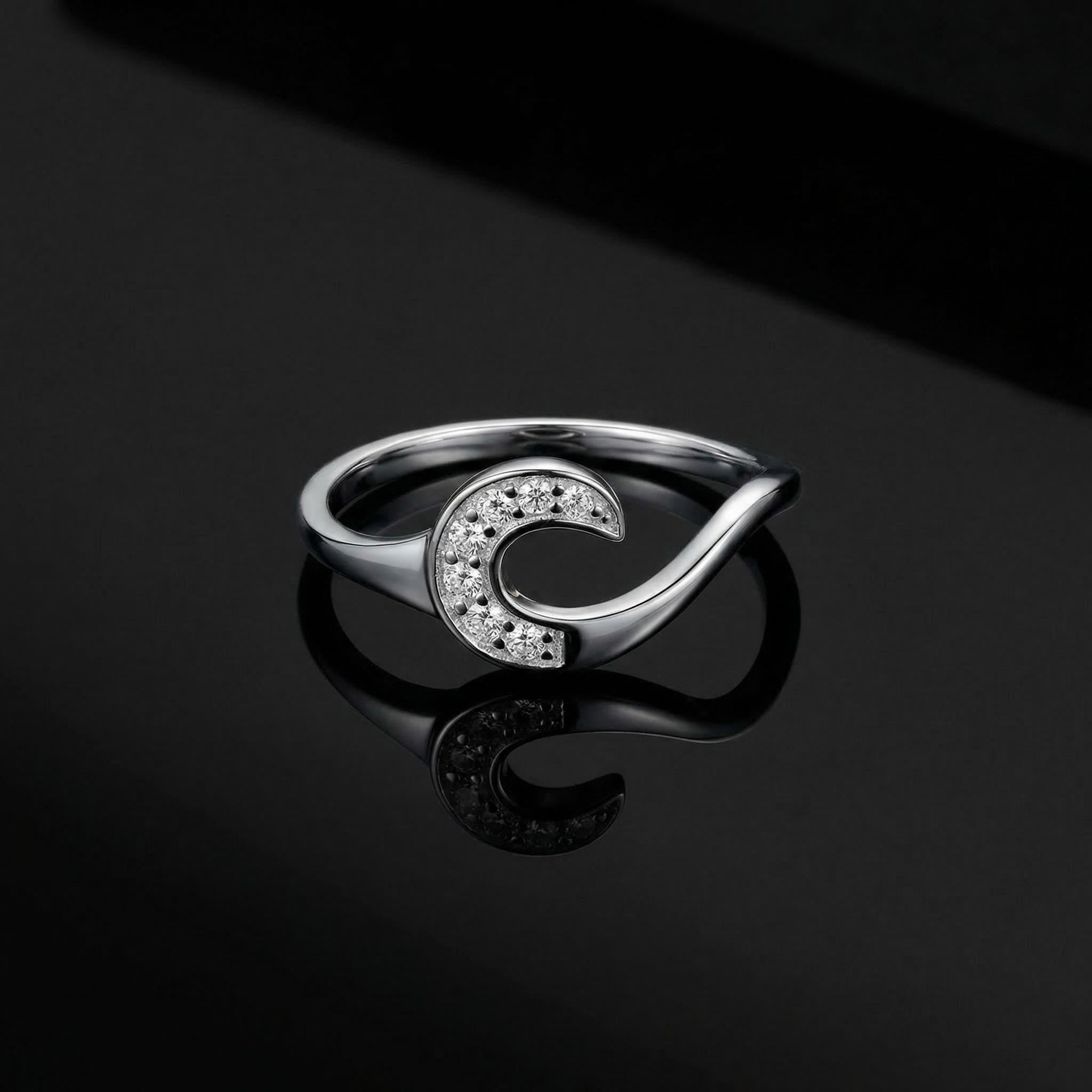 Sterling Silver Crescent Moon Ring • Sparkling CZ Celestial Wave Jewelry