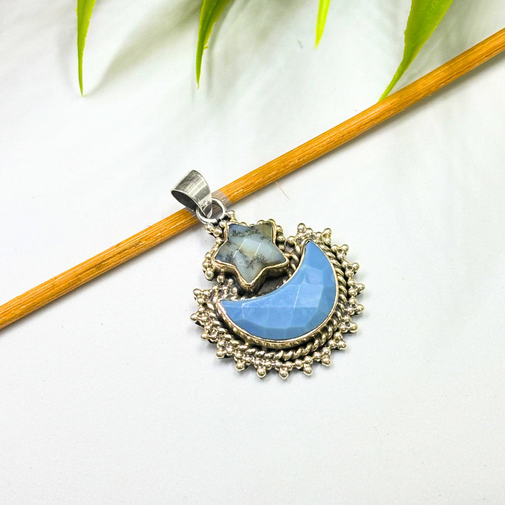 Blue Opal Moon & Dendritic Agate Star Pendant: Sterling Silver Celestial Charm