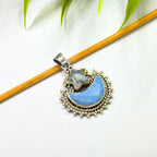 Blue Opal Moon & Dendritic Agate Star Pendant: Sterling Silver Celestial Charm