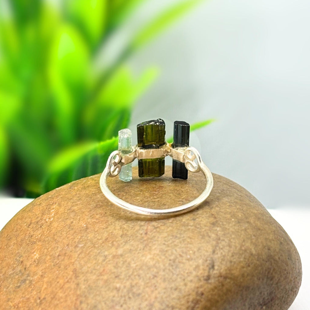 Raw Green & Blue Tourmaline Bar Ring: Handmade Sterling Silver Stacking Ring