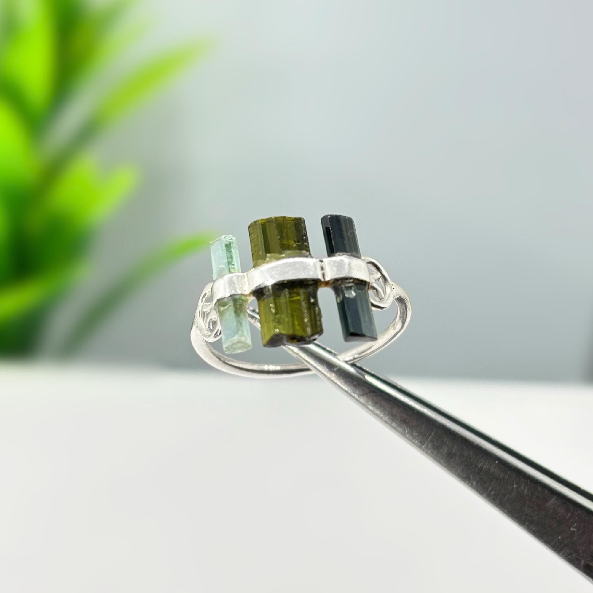 Raw Green & Blue Tourmaline Bar Ring: Handmade Sterling Silver Stacking Ring