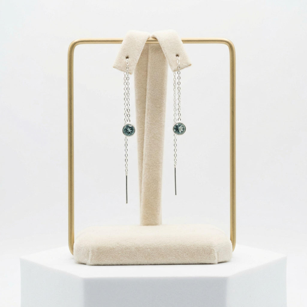 Blue Tourmaline Threader Earrings | 925 Sterling Silver Dainty Chain Drop