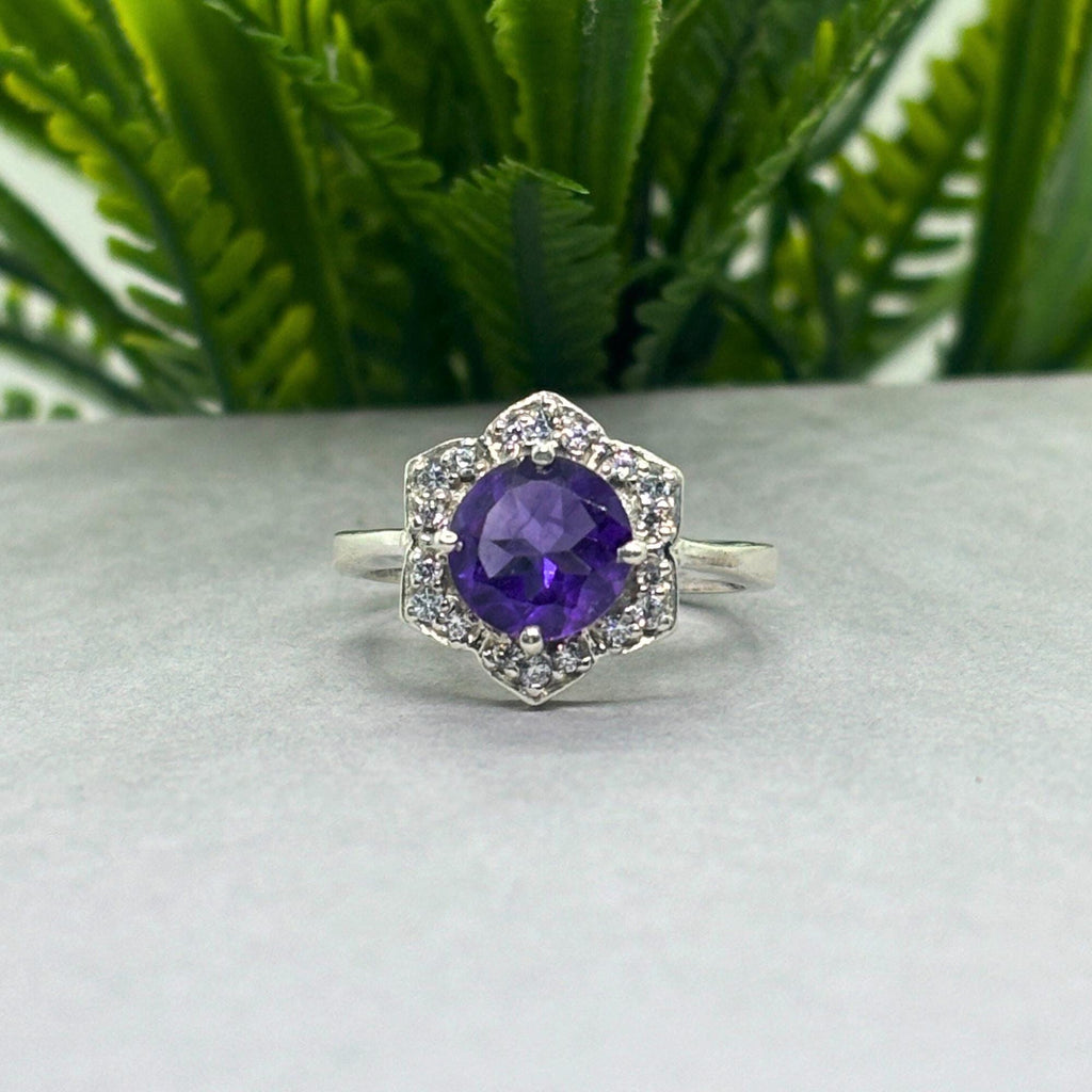 Natural Amethyst Round Ring | 925 Sterling Silver | February Birthstone | Floral Gemstone Band | Handmade in Jaipur
