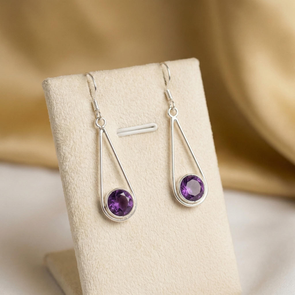 Amethyst Drop Earrings 925 Sterling Silver | Round Gemstone Dangle | February Birthstone | Handmade Jewelry