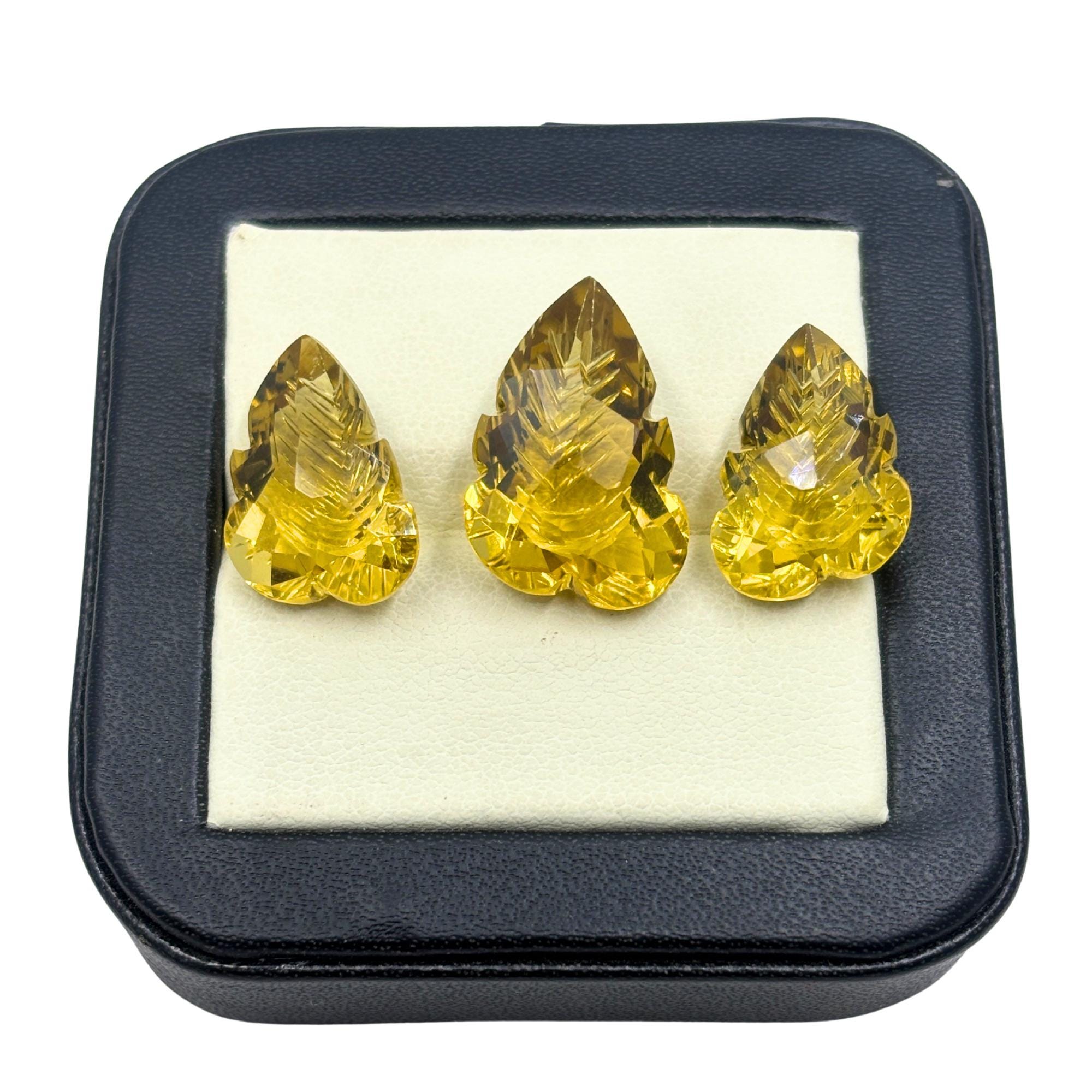 Hand-Carved Lemon Quartz Gemstone Pair – Floral Leaf Cut Stones