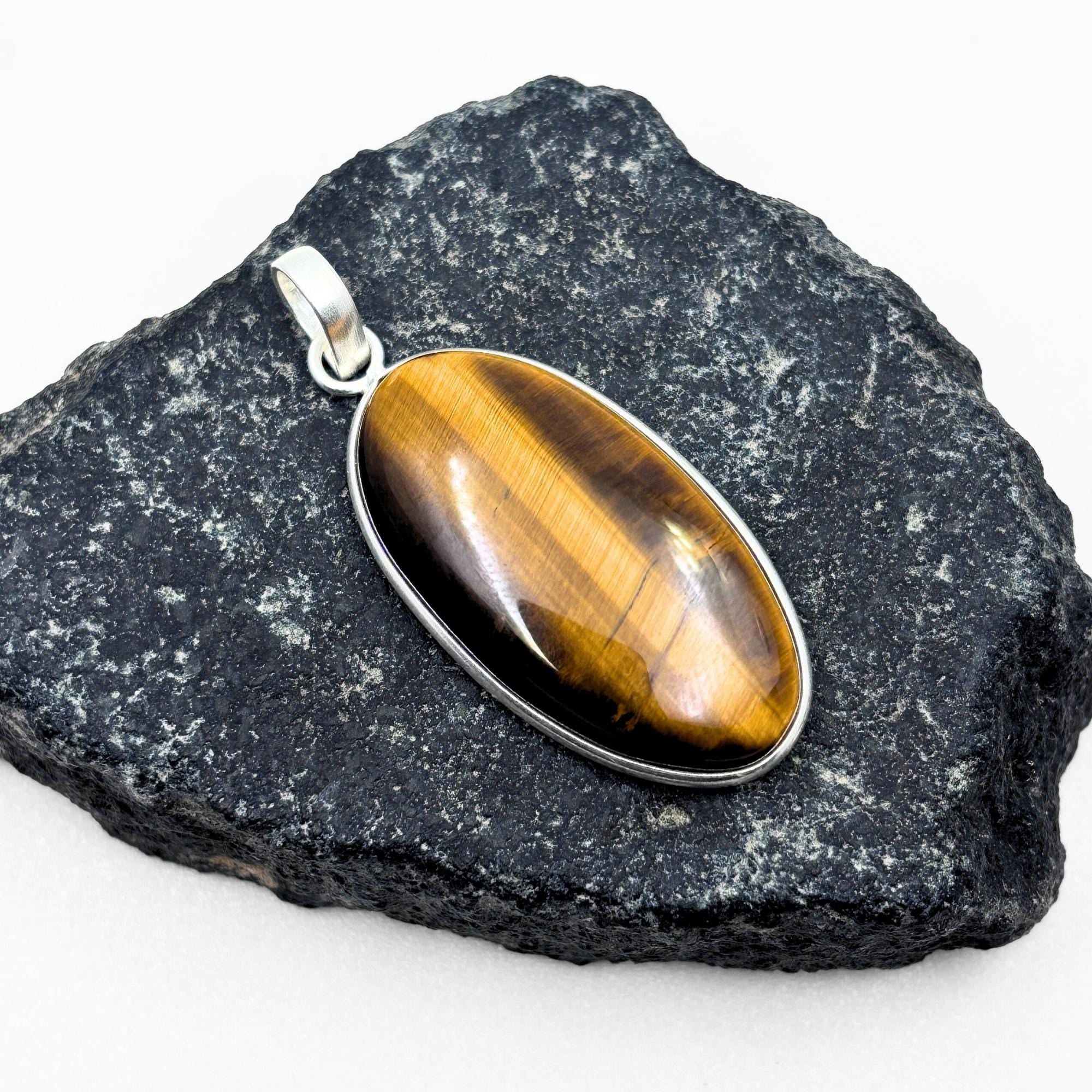 Tiger Eye Pendant Necklace, Oval Sterling Silver Gemstone Necklace, Handmade Protection Jewelry, Crystal Gift for Her