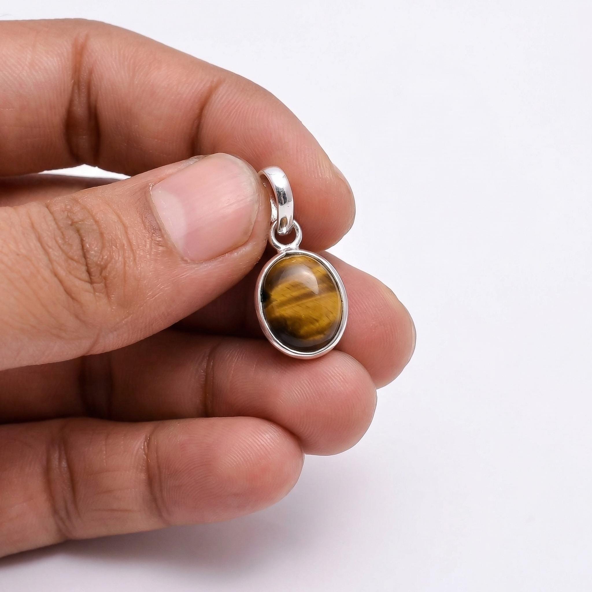 Tiger Eye Pendant Necklace: 925 Sterling Silver, Golden Brown Crystal