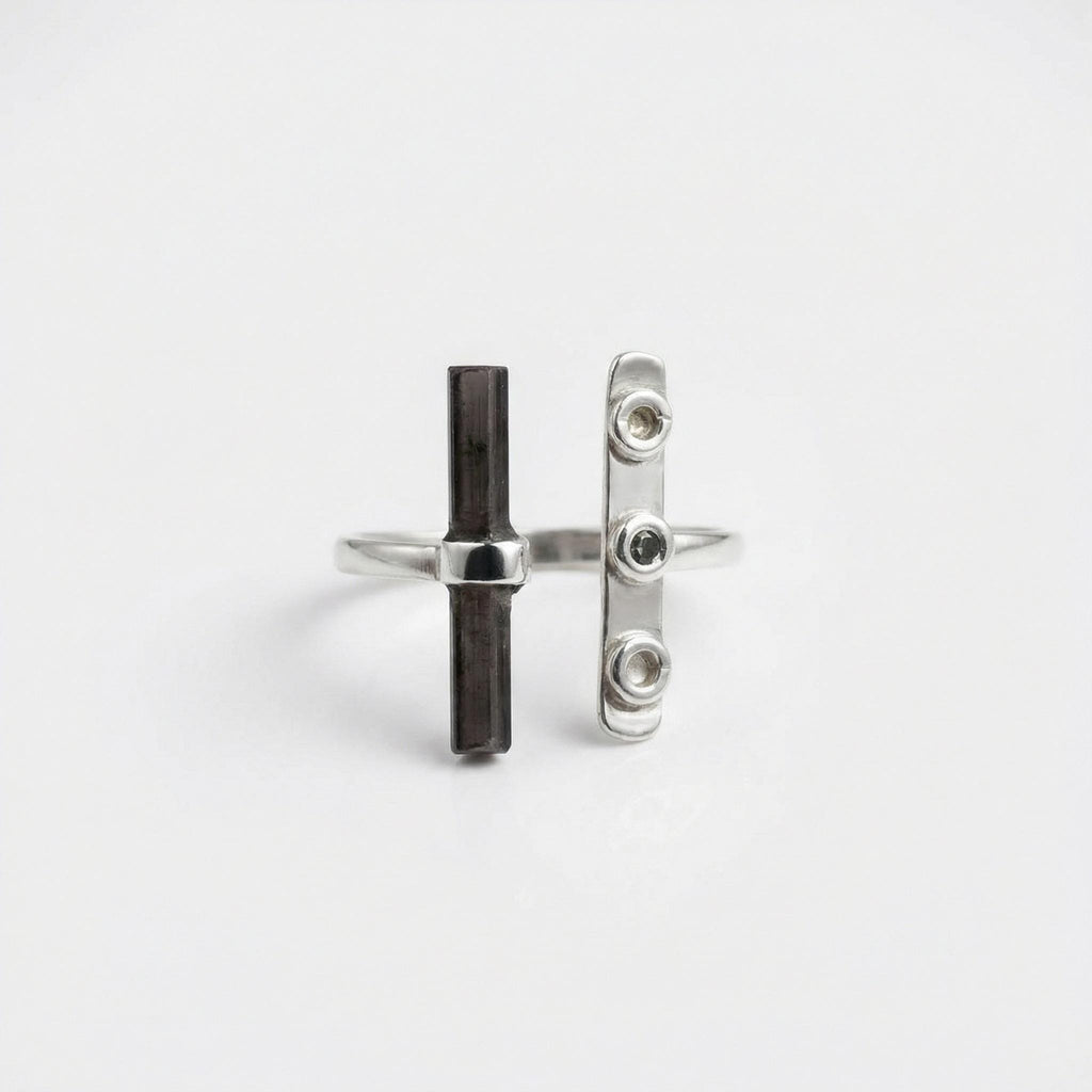 Raw Black Tourmaline Ring: Adjustable Sterling Silver Boho Jewelry
