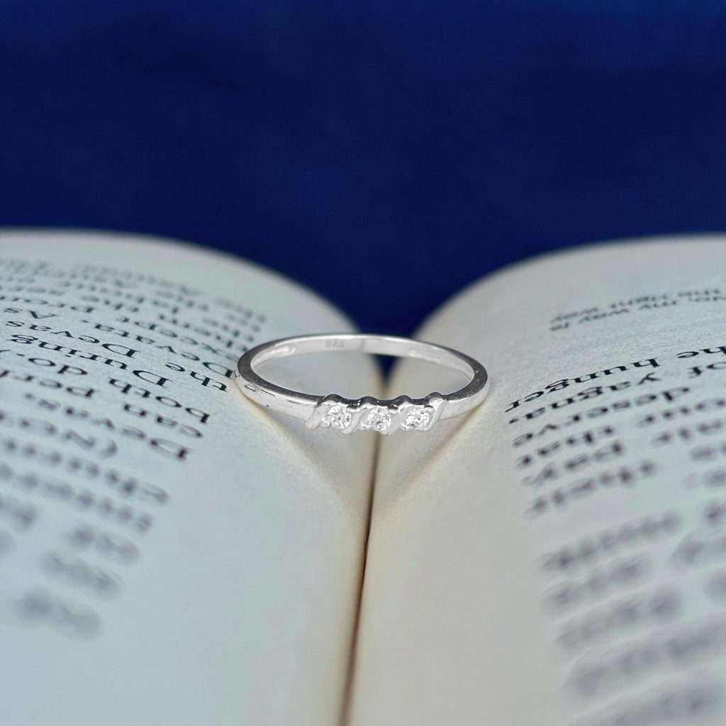 925 Sterling Silver 3 Stone CZ Ring - Dainty Trilogy Past Present Future Band, Minimalist Stacking Ring, Delicate CZ Jewelry Gift for Her
