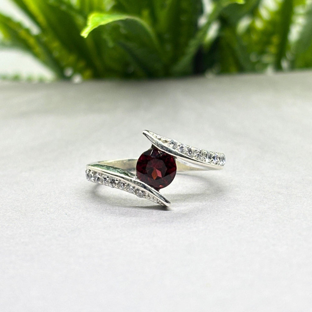 Natural Garnet & CZ Ring | 925 Sterling Silver | Gemstone Band | Handmade Ring Jaipur
