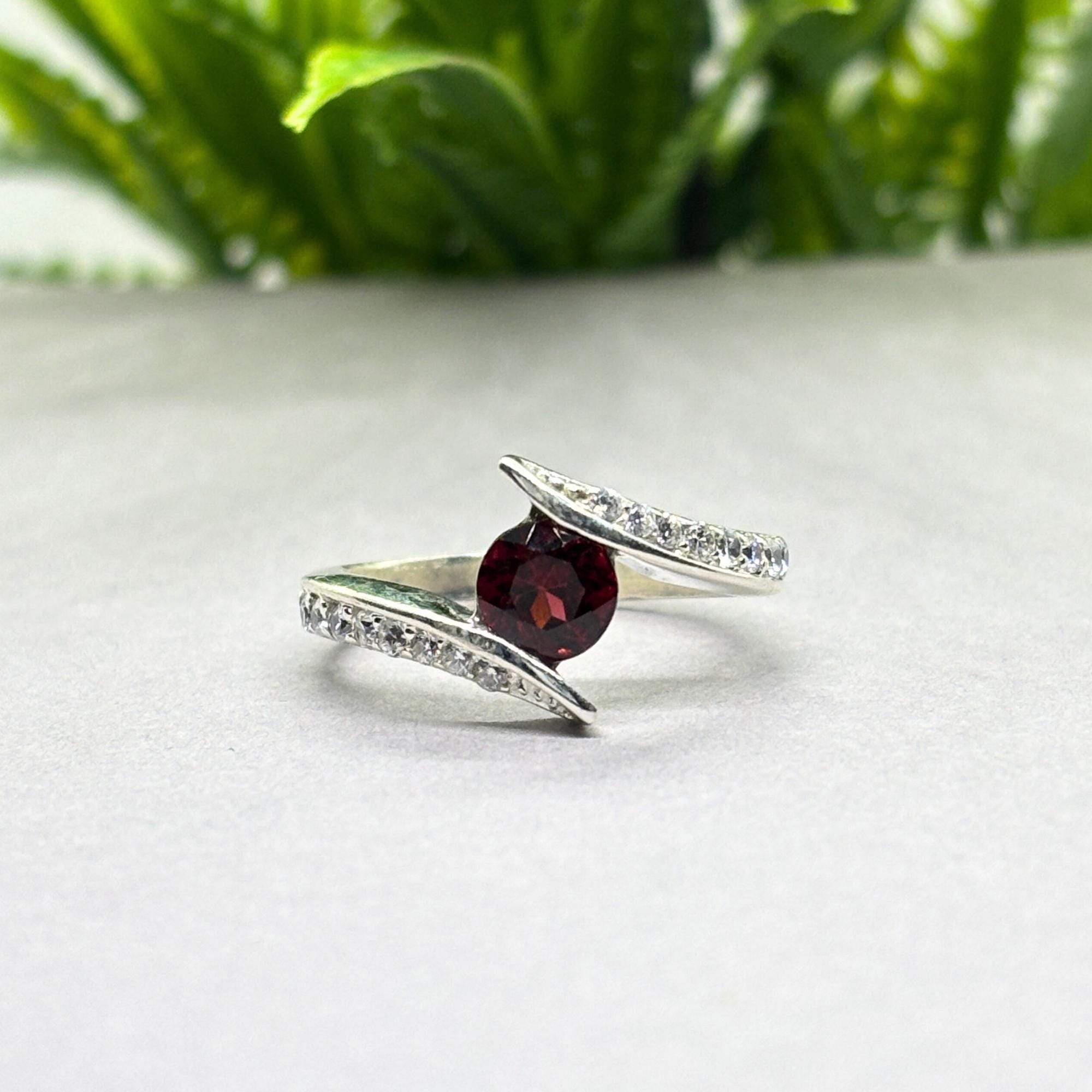 Natural Garnet & CZ Ring | 925 Sterling Silver | Gemstone Band | Handmade Ring Jaipur