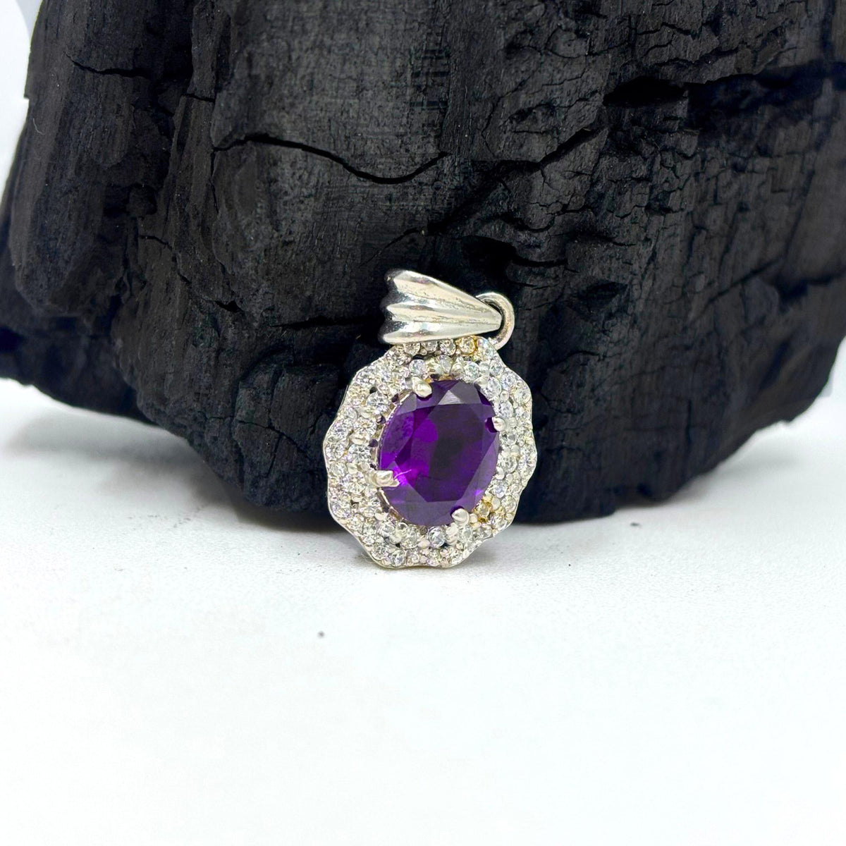 Amethyst CZ Double Halo Pendant in 925 Sterling Silver – Luxe Oval Purple Gemstone Necklace, Sparkling February Birthstone Jewelry