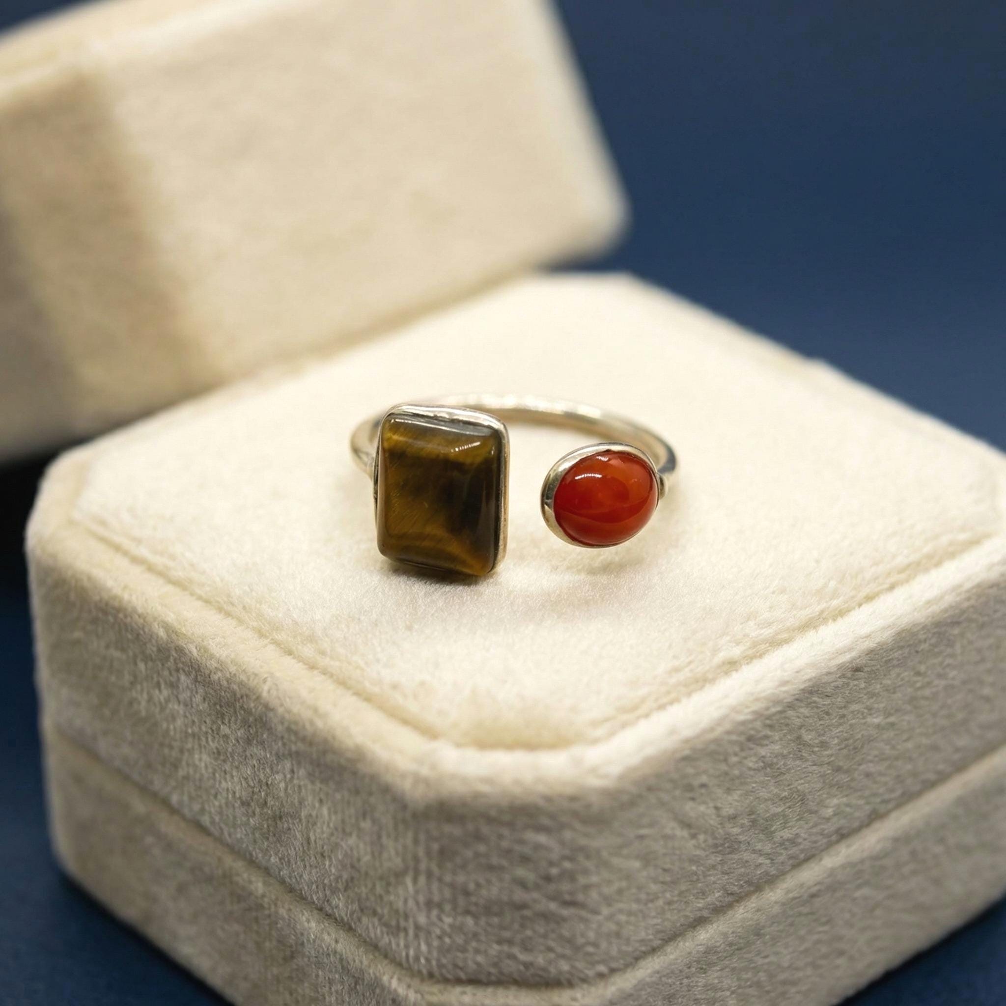 Tiger Eye & Coral 925 Silver Ring: Dual Stone Adjustable Boho Jewelry