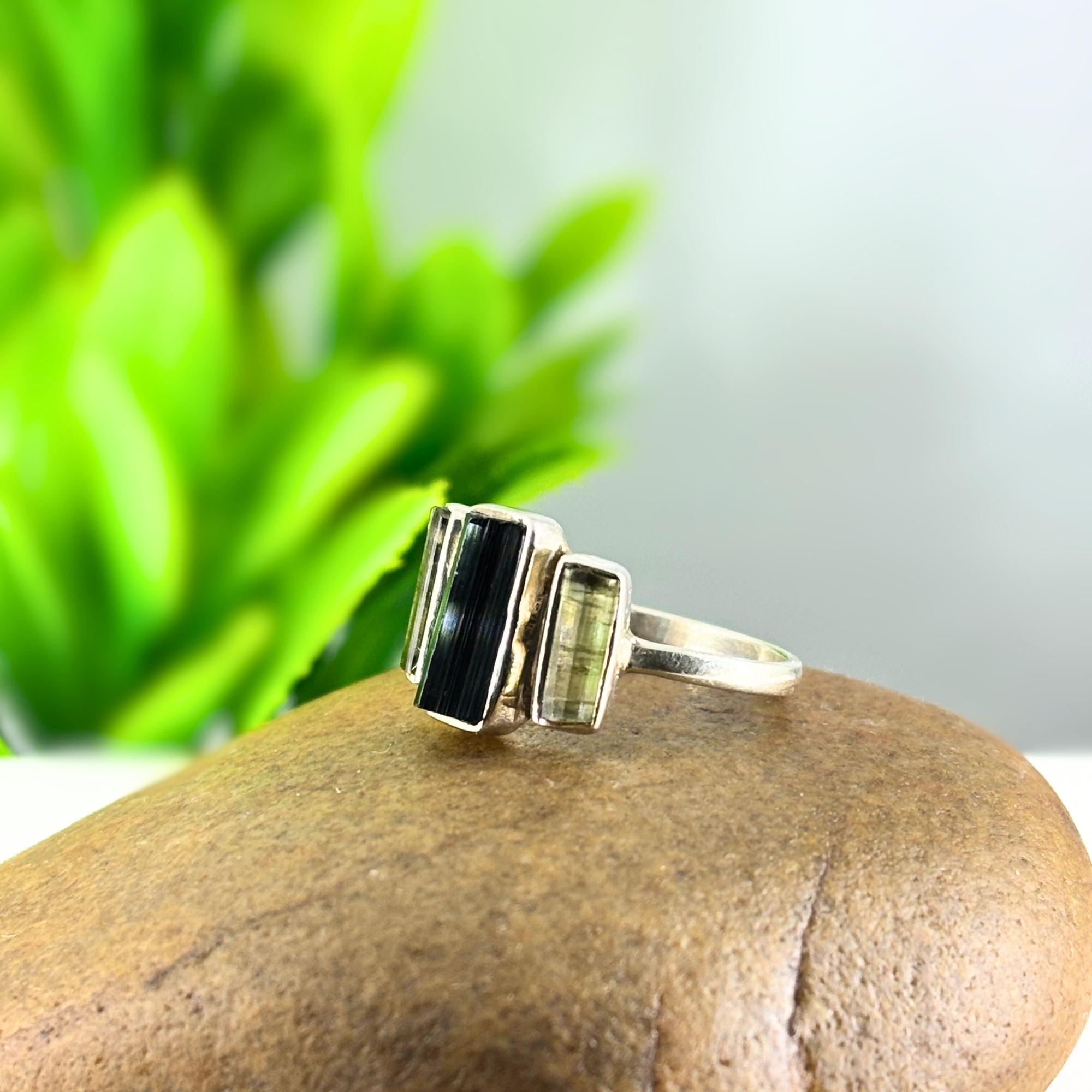 Raw Green Tourmaline Bar Ring: Sterling Silver Stacking Gemstone