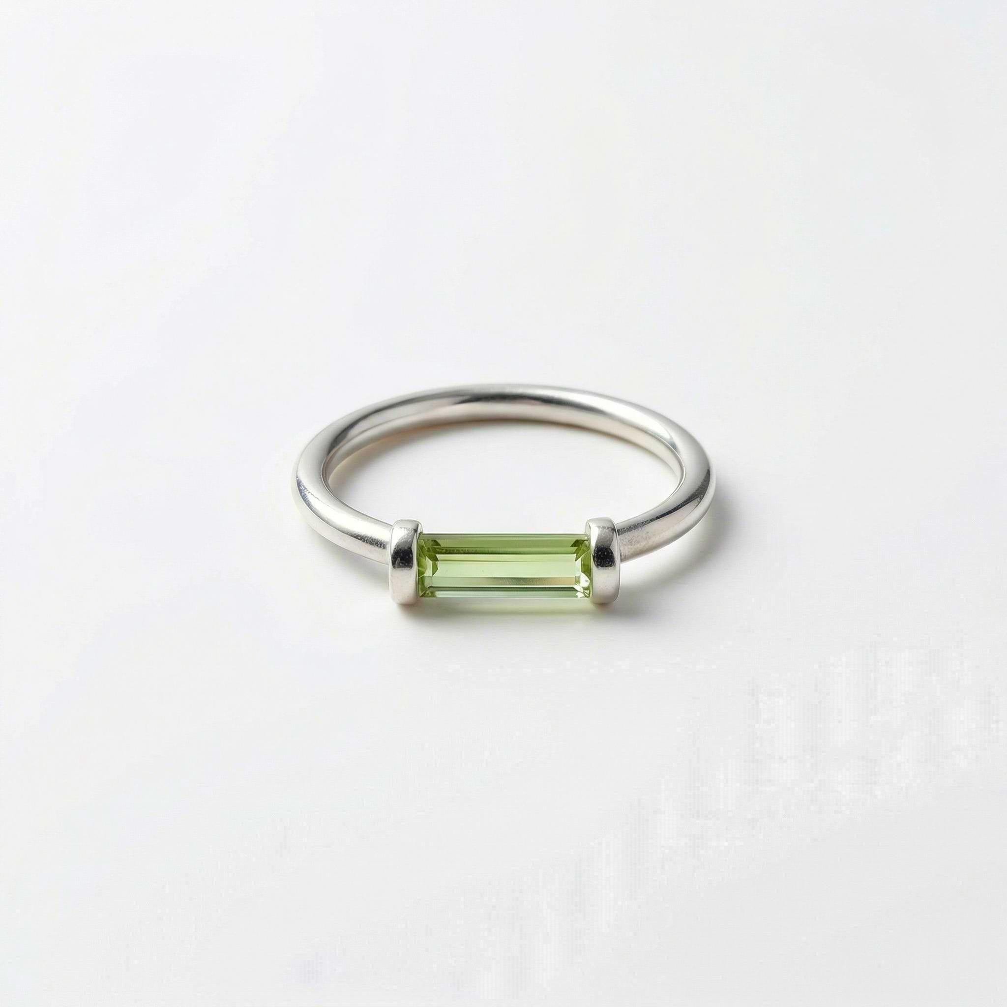 Raw Green Tourmaline Bar Ring: Handcrafted Sterling Silver Minimalist Ring