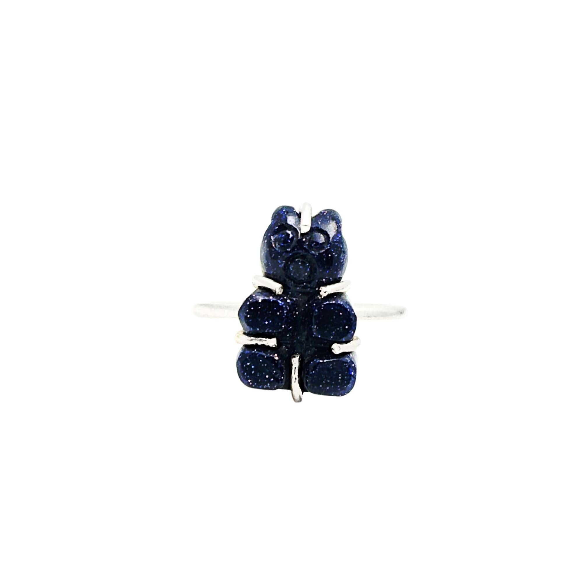 Sterling Silver Black Sunstone Teddy Bear Ring: Hand Carved Gemstone