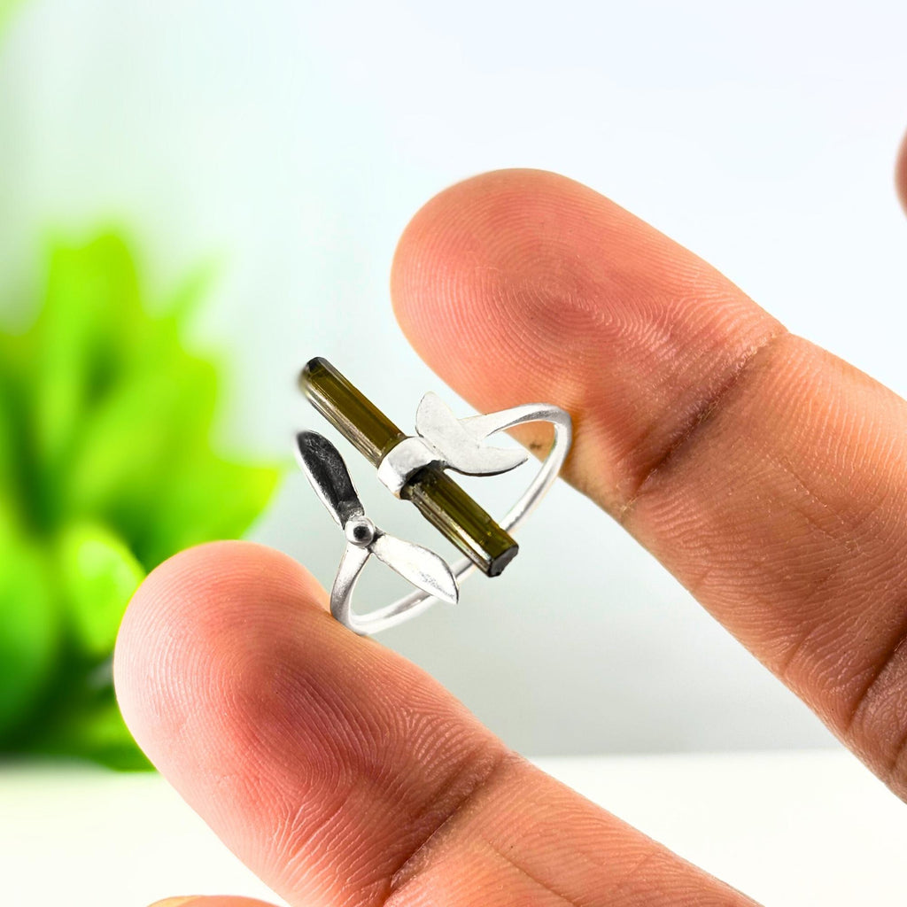 Raw Green Tourmaline Bar Ring: Adjustable Sterling Silver Boho Jewelry