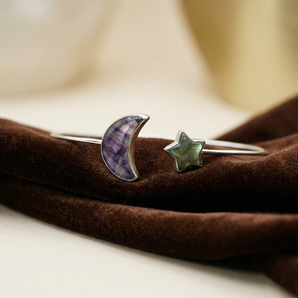 Natural Labradorite Fluorite Bangle | 925 Sterling Silver | Gemstone Bracelet | Handmade in Jaipur