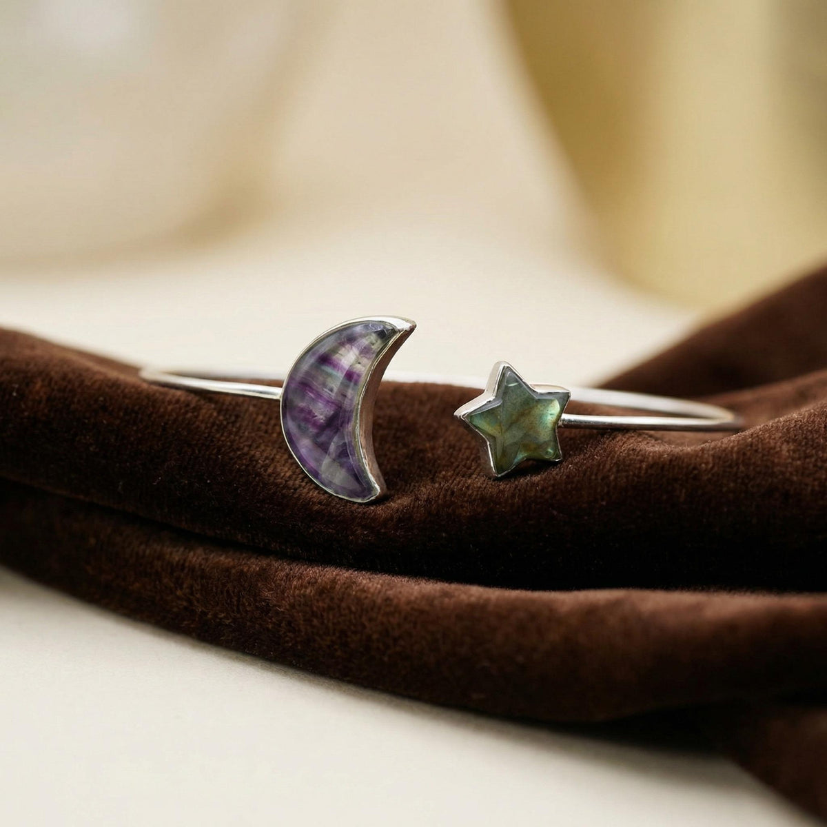 Natural Labradorite Fluorite Bangle | 925 Sterling Silver | Gemstone Bracelet | Handmade in Jaipur