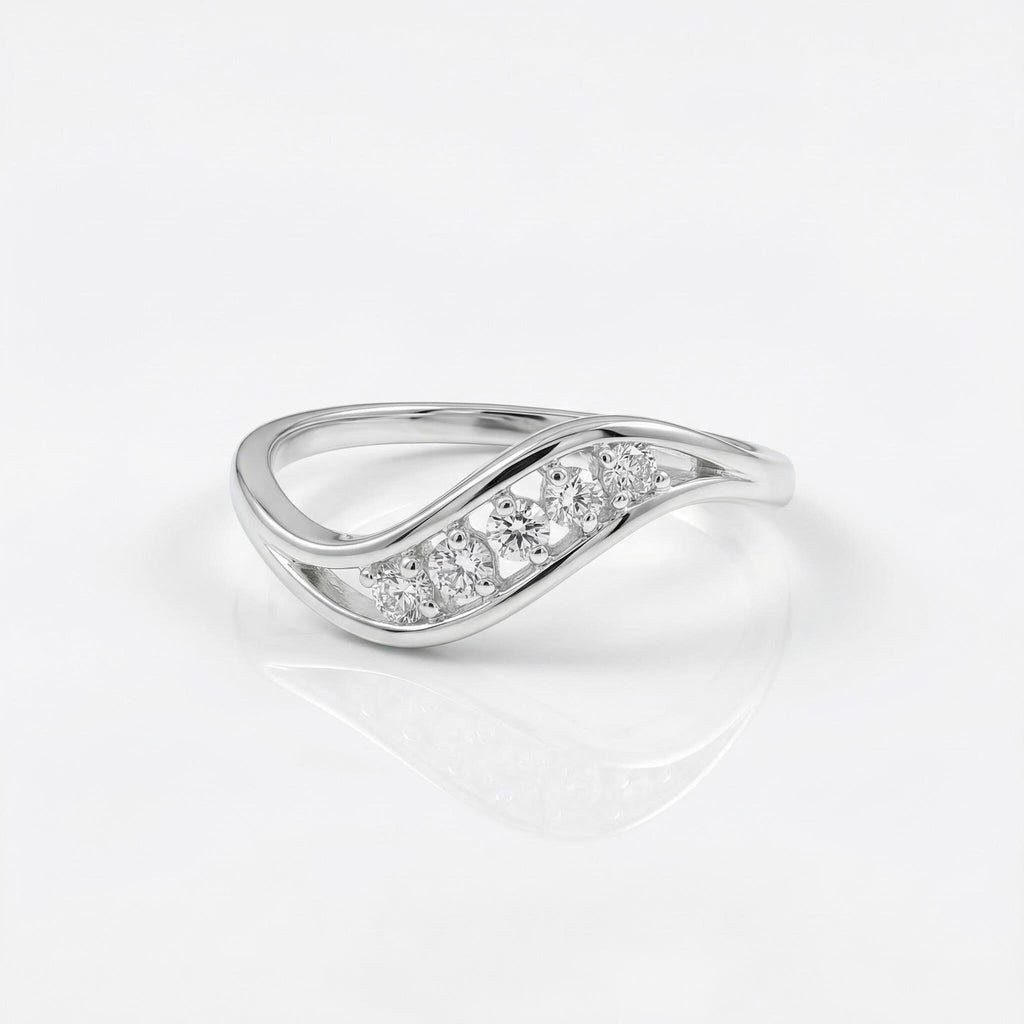 Sterling Silver CZ Wave Ring, Five Pavé Stones, Dainty Stackable Band