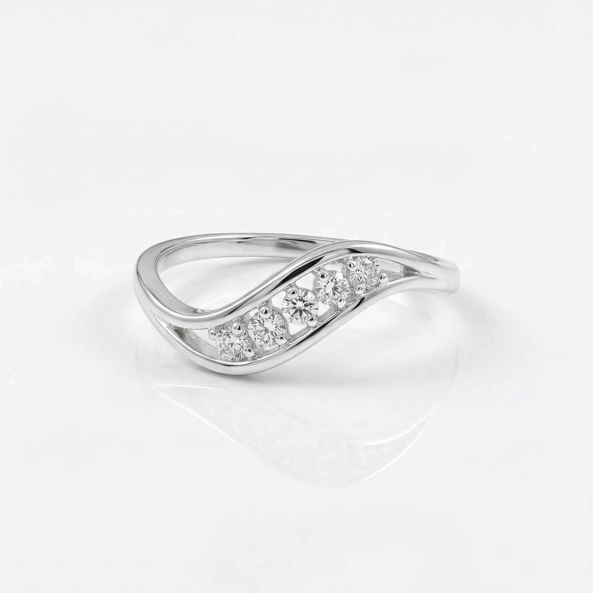Sterling Silver CZ Wave Ring, Five Pavé Stones, Dainty Stackable Band
