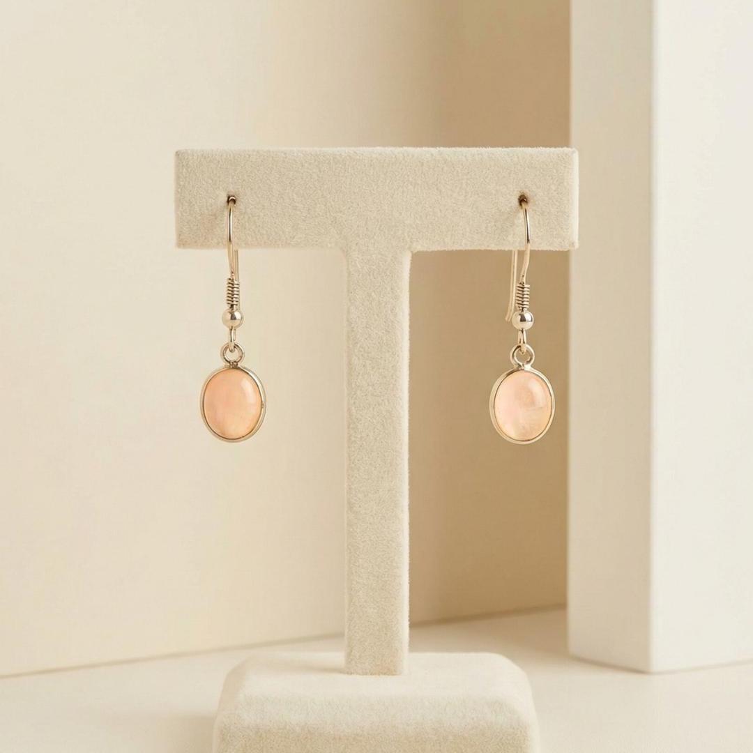 Rose Quartz Oval Drop Earrings | 925 Sterling Silver Dangle | Handmade Gemstone Jewelry