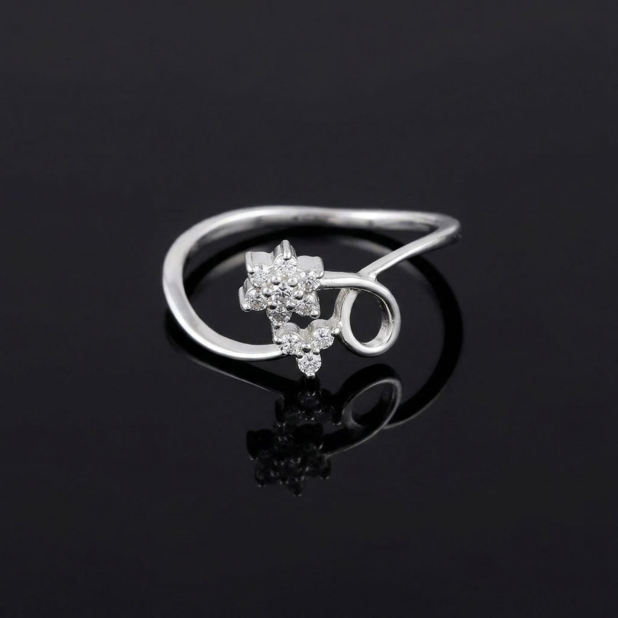 Sterling Silver CZ Flower Swirl Ring, Rhodium-Plated Boho Stacking Band