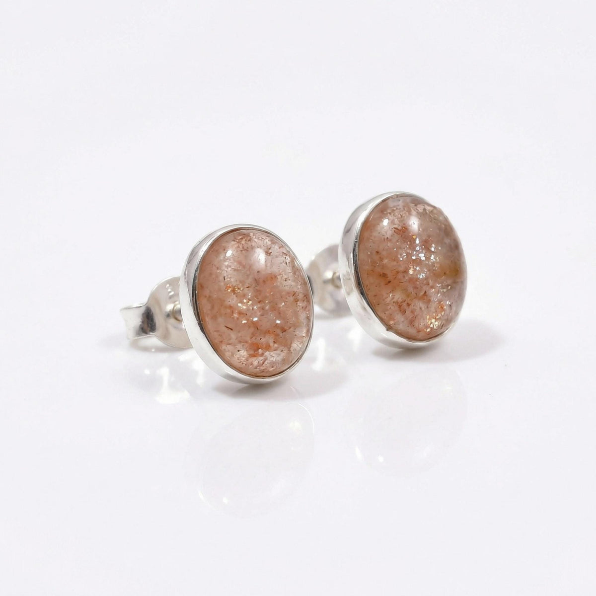 Oval Sunstone Stud Earrings 925 Sterling Silver - Natural Shimmering Peach Cabochons