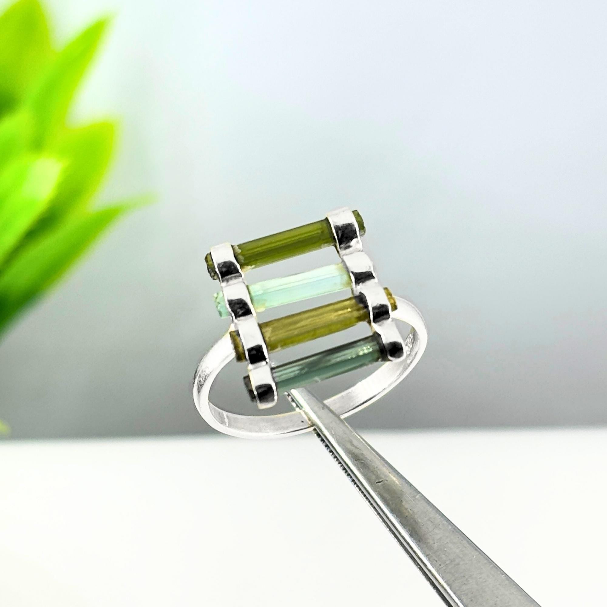 Raw Green Tourmaline Bar Ring: Sterling Silver October Birthstone