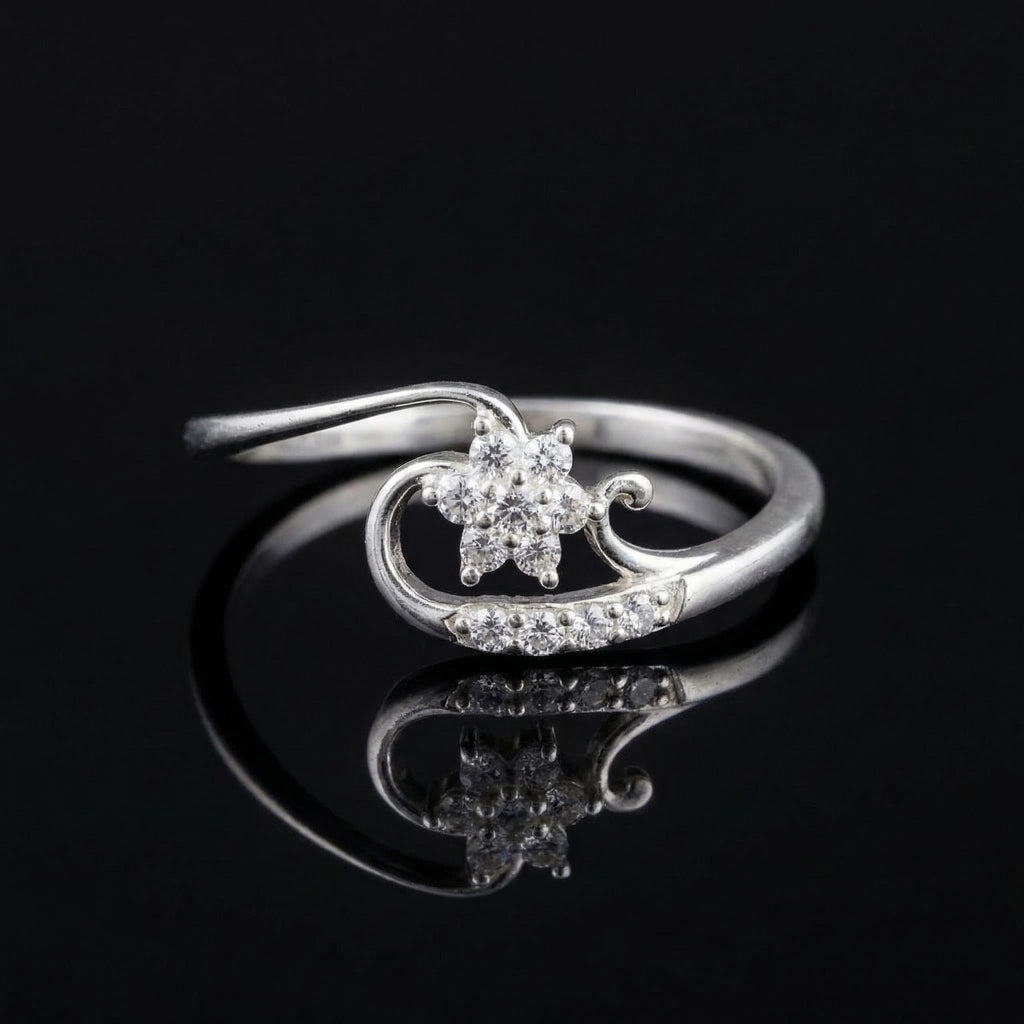 Sterling Silver Floral Swirl Ring with CZ Accents – Boho Promise Band