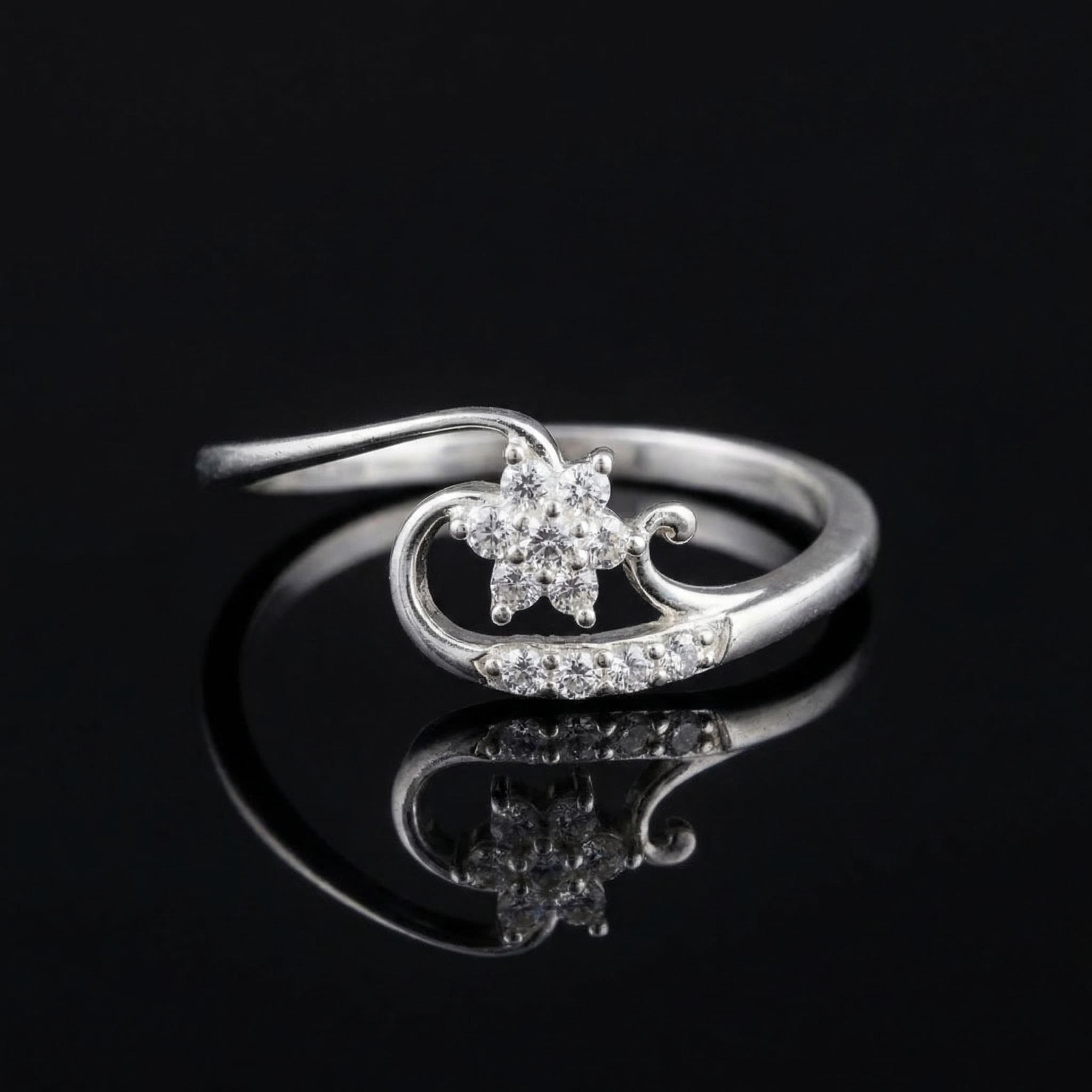 Sterling Silver Floral Swirl Ring with CZ Accents – Boho Promise Band