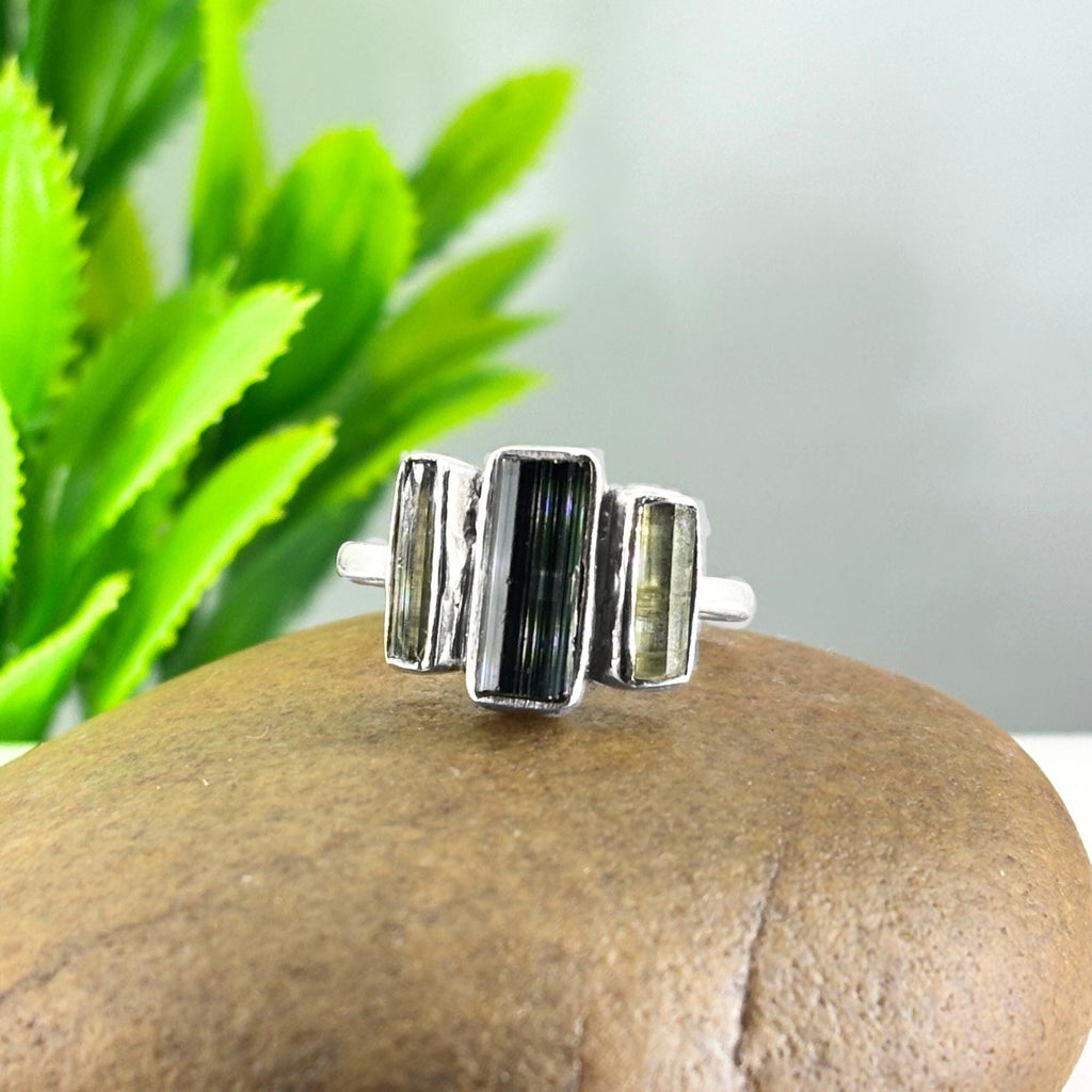 Raw Green Tourmaline Bar Ring: Sterling Silver Stacking Gemstone