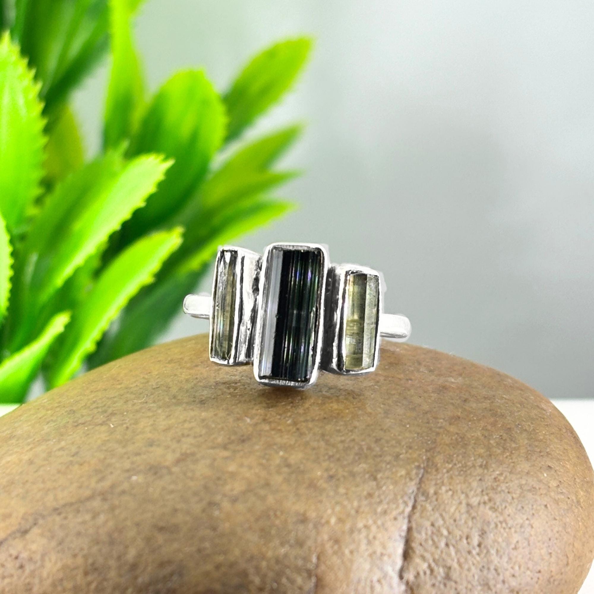 Raw Green Tourmaline Bar Ring: Sterling Silver Stacking Gemstone