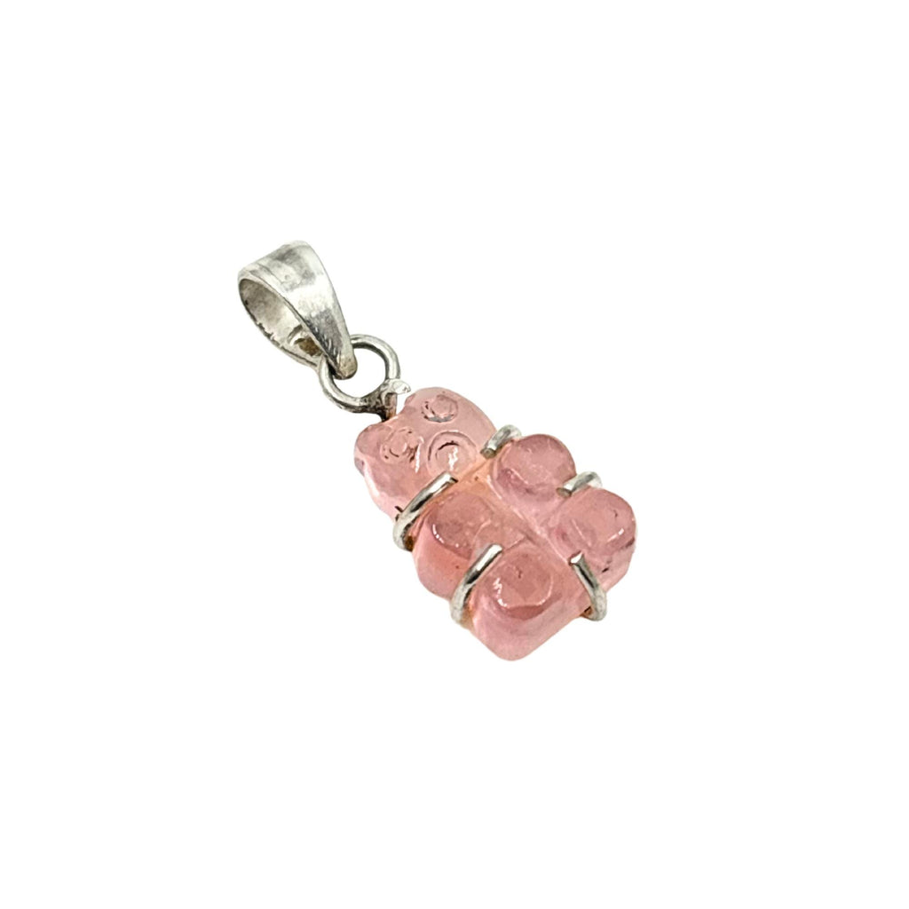 Rose Quartz Teddy Bear Pendant - Sterling Silver Carved Gemstone Charm