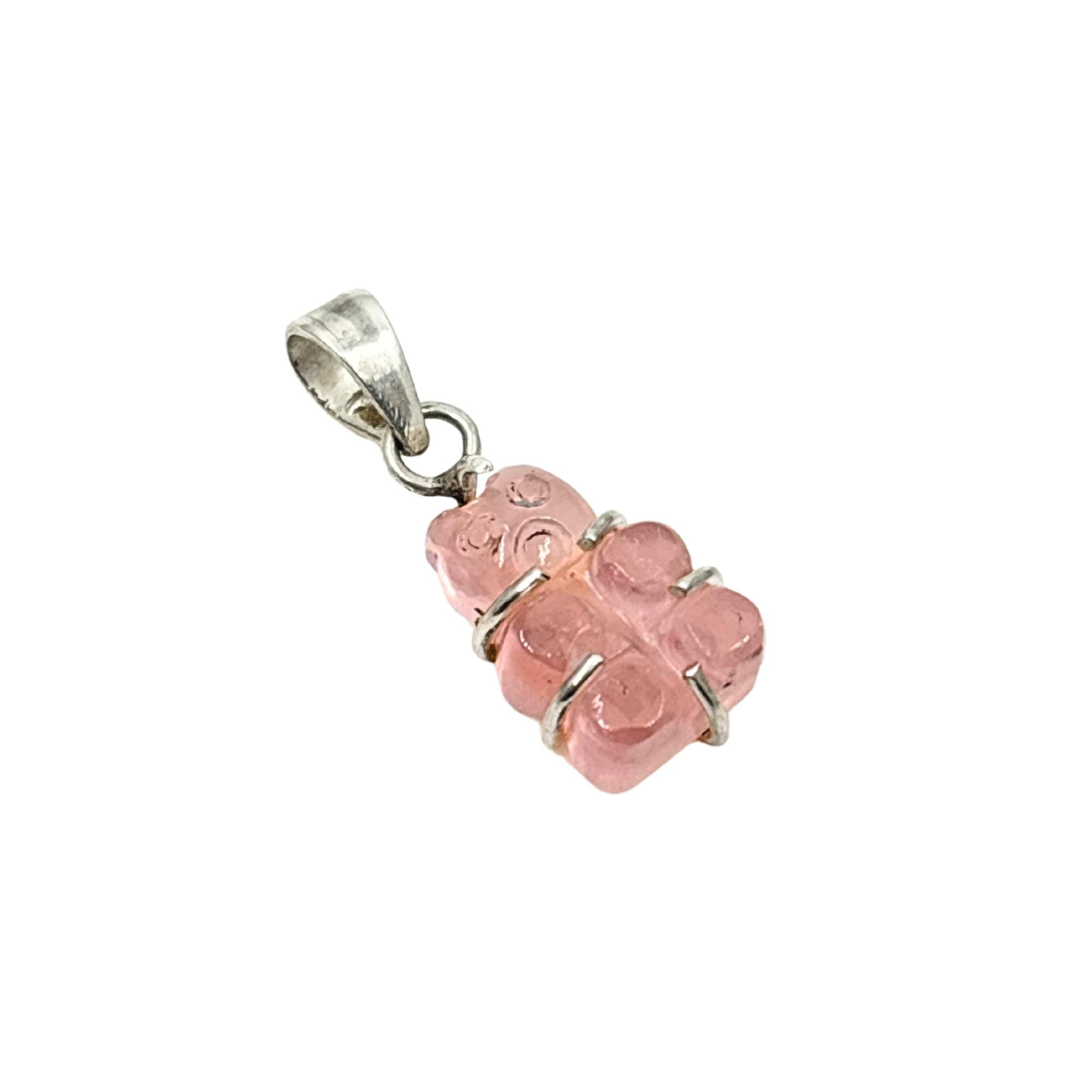 Rose Quartz Teddy Bear Pendant - Sterling Silver Carved Gemstone Charm
