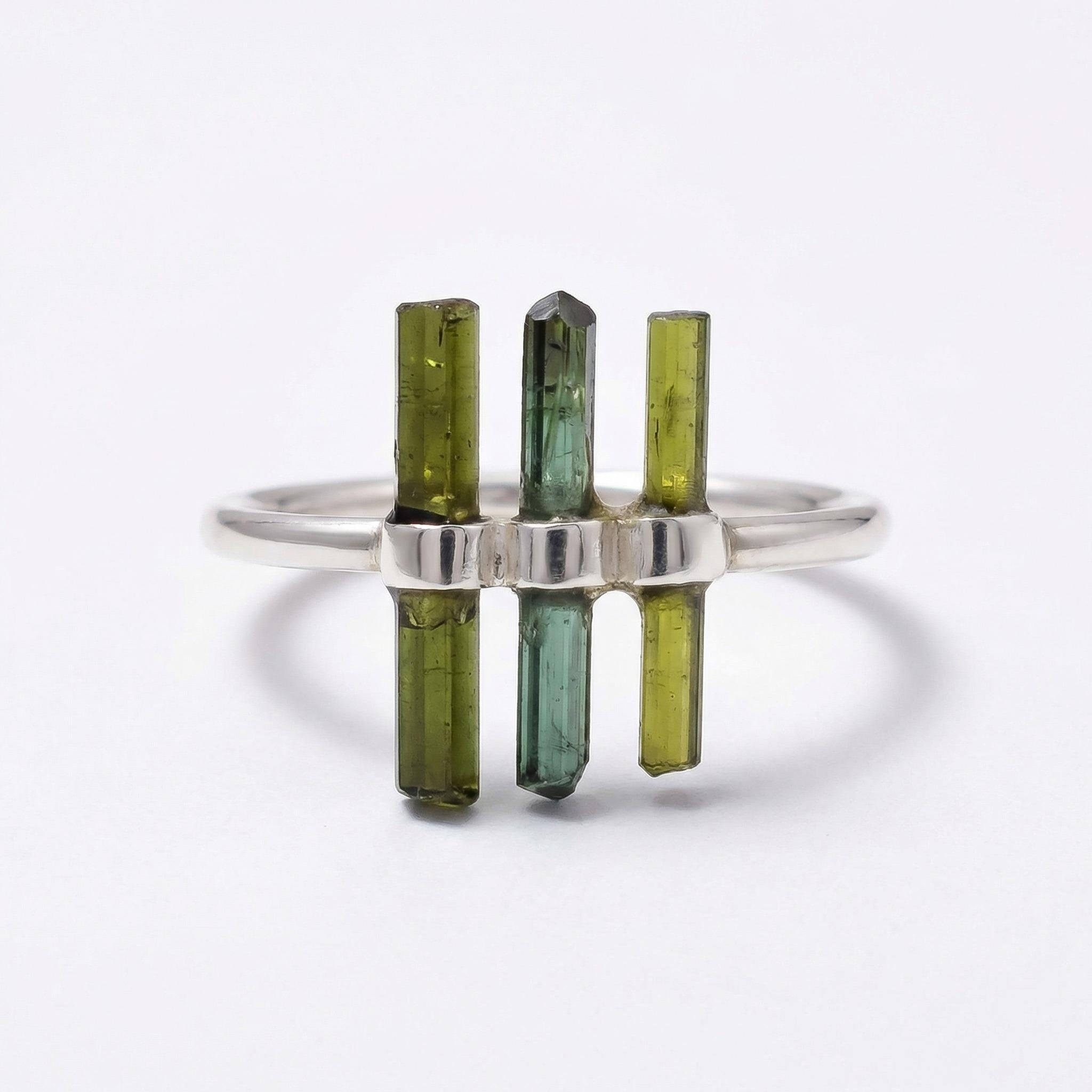 Raw Green Tourmaline Bar Ring: Sterling Silver Minimalist Stacking Ring