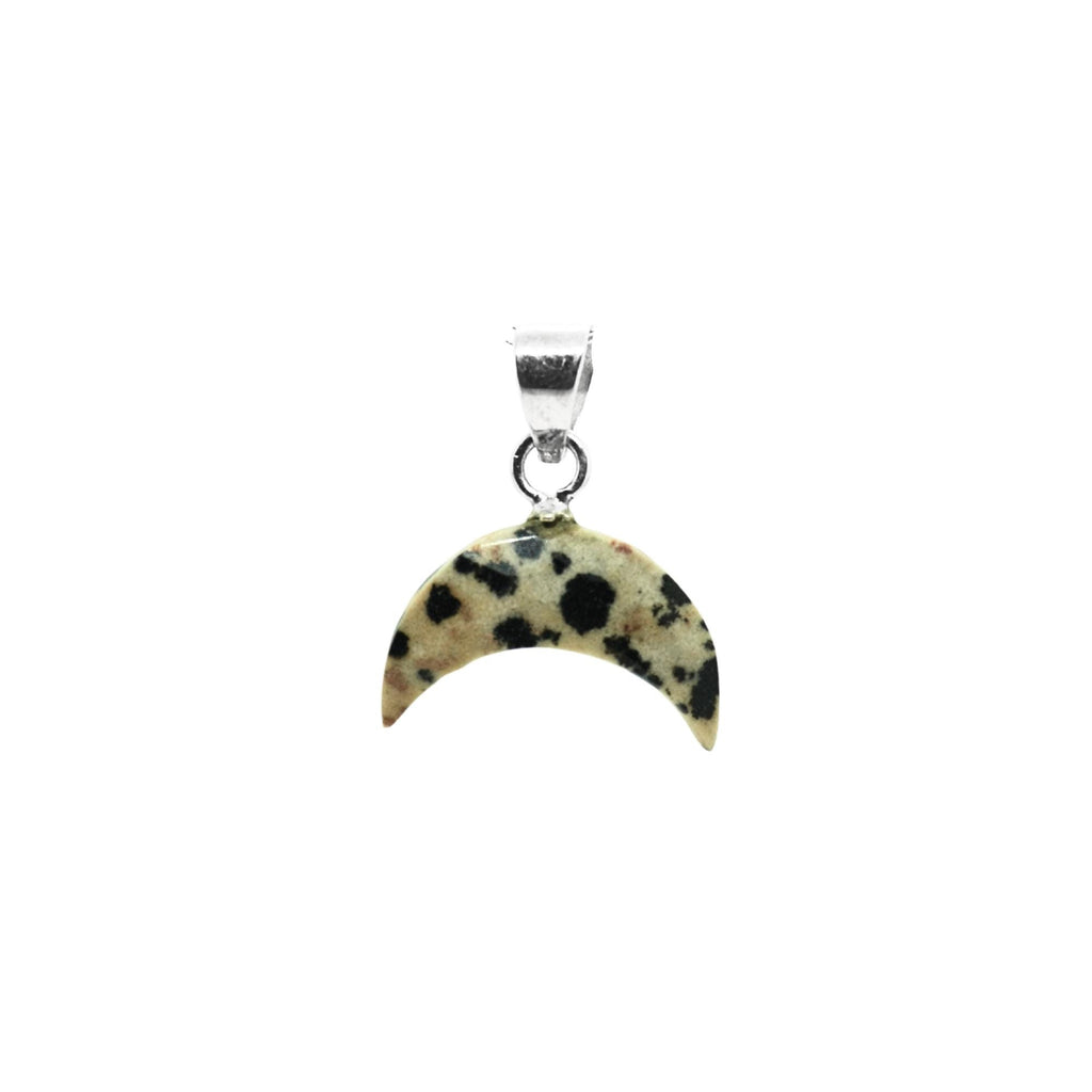 Dalmatian Jasper Crescent Moon Pendant: Sterling Silver Boho Necklace