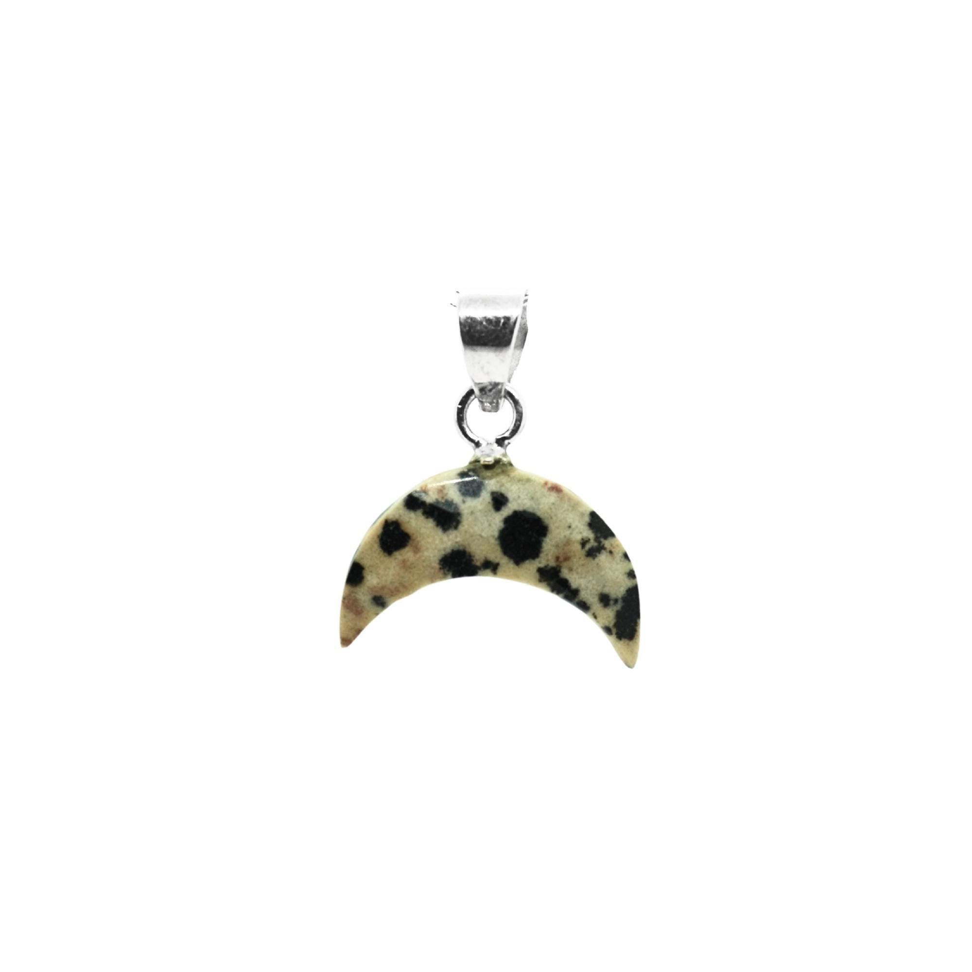 Dalmatian Jasper Crescent Moon Pendant: Sterling Silver Boho Necklace