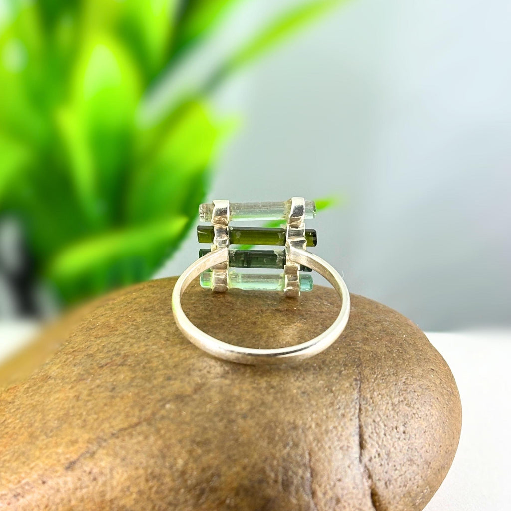 Raw Green Tourmaline Bar Ring: Sterling Silver October Birthstone