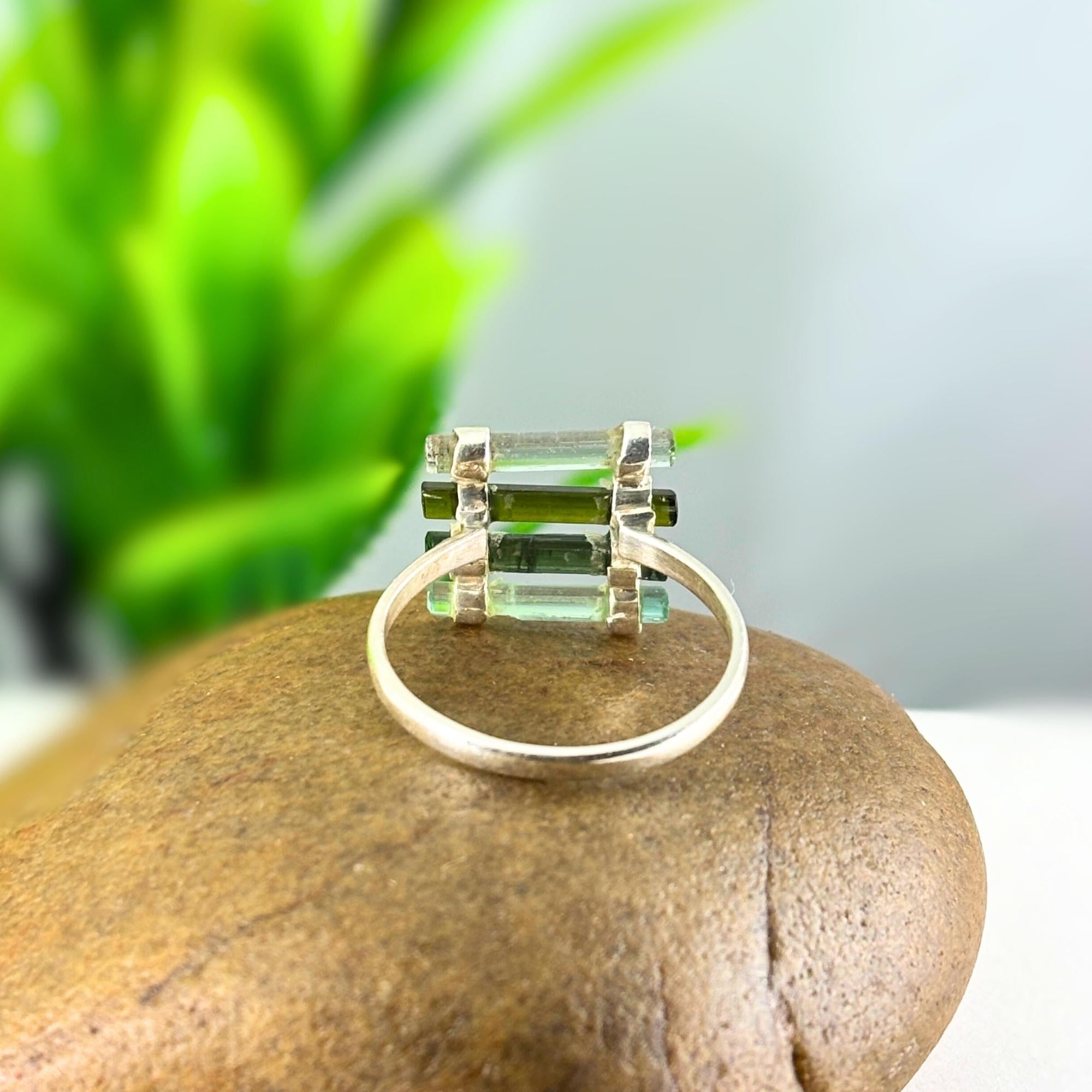 Raw Green Tourmaline Bar Ring: Sterling Silver October Birthstone